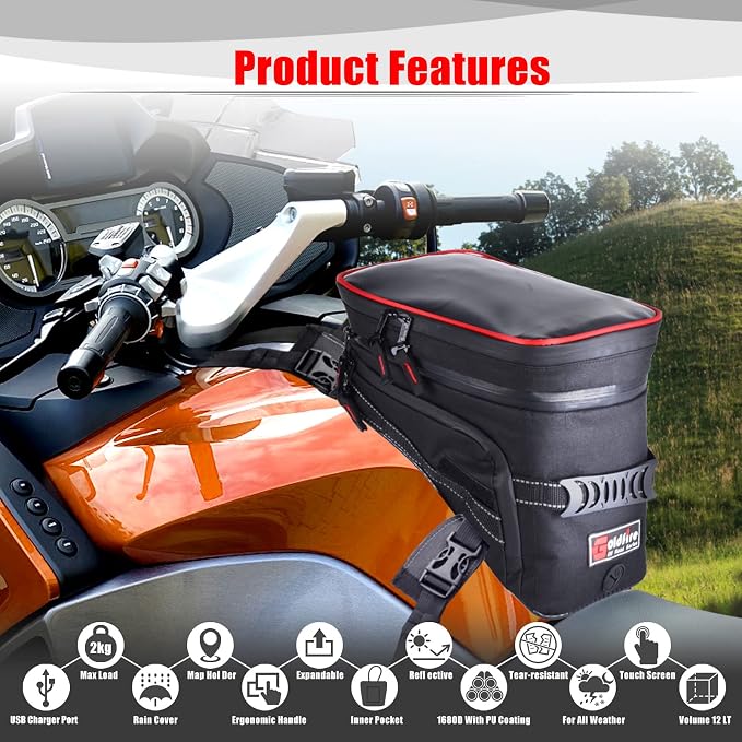 Goldfire Motorcycle Tank Bag Expandable ADV Gas Oil Fuel Tank Saddle Bag with Strong Strap Mount Water Resistant Motorcycle Storage Bag(Black)