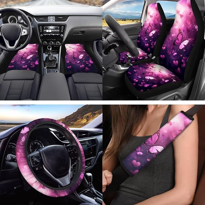 Pink Butterfly Car Seat Covers Full Set with Steering Wheel Cover Floor Mats Seat Belt Pads Armrest Pad Roof Handle Wraps Keychain Cup Coaster Auto Interior Accessories Set of 18
