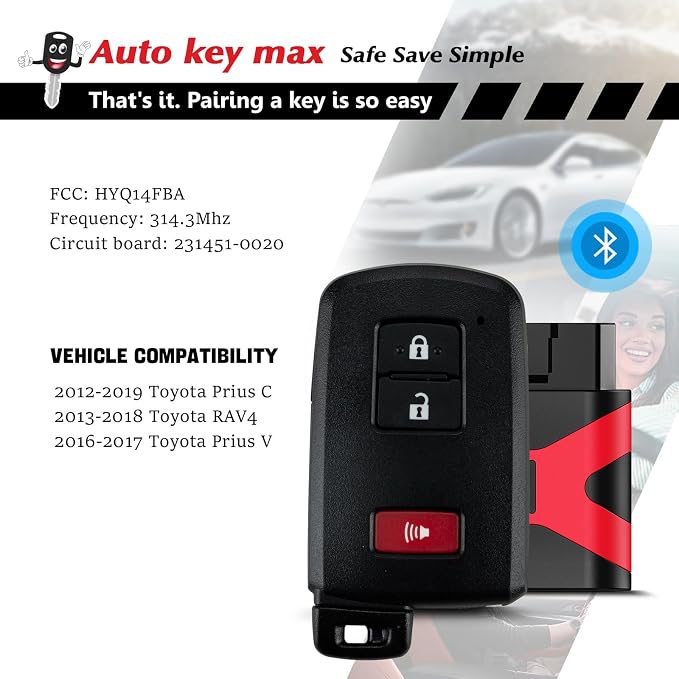Programmable Keyfob, Replacement Car Keys Fob and DIY Programmer Kit for 2013 2014 2015 2016 2017 RAV4/Camry/Corolla/Tacoma/Tundra Smart Remote HYQ14FBA 281451-0020 (3 BTN Programmer Kit)