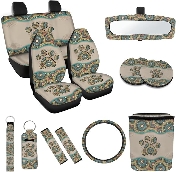 Dog Paw Print Car Seat Covers Full Set of 12 Car Seat Belt Pad Cover Steering Wheel Cover Car Trash Can Rear View Mirror Cover Car Cup Coasters Keychains Keychain Holder