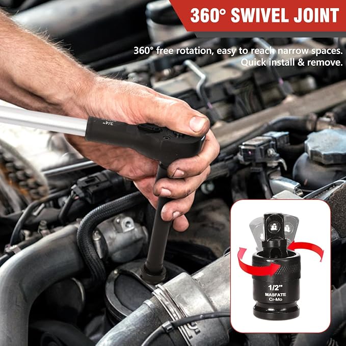 1/2" Impact Socket Set 35PCS,Metric 10-24mm SAE 3/8"-1-1/4" | CR-MO Steel,6-Point Design, Includes U-joint, Extension Bars, Adapter and Storage Case for heavy-duty automotive maintenance