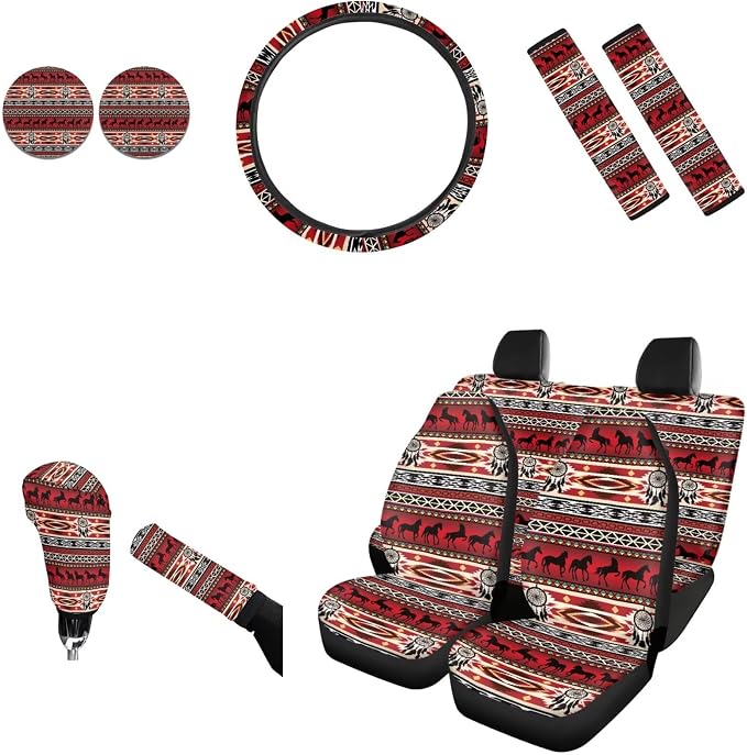 AFPANQZ Red Aztec Horse 11 Pcs Car Front & Rear Seat Covers Full Set Interior Accessories with Steering Wheel Cover, Hand Brake and Gear Shift Knob Cover, Seat Belt Pads