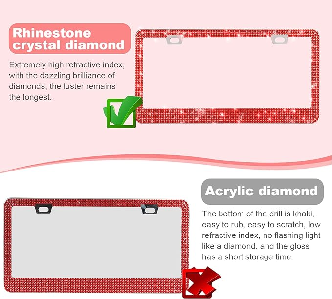 QUANQIUFEI 2 Pack Bling License Plate Frames for Women, Sparkly Rhinestone Diamond Car Accessories with Glitter Crystal Caps (Red)