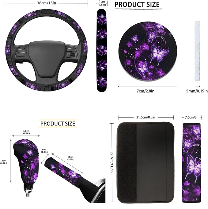 Tupalatus Purple Butterflies Car Seat Covers Full Set of 9 Steering Wheel Cover Seat Belt Pads Cover Cup Holder Coasters Gear Shift Hoodie Handbrake Cover for Cars Trucks and SUVs