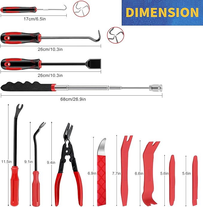 DWH 18 Pcs Precision Pick and Hooks Set, Auto Body Tool Kit with Scraper Telescoping Magnetic Pickup Tool Panel Clip Plier Fastener Remover, Metal Plastic Trim Tools, Automotive Mechanic Bag