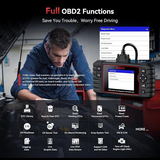 iCarsoft VAWS V2.0 2026 Ver All System Diagnostic Tool for VW Audi Bentley Bugatti Seat Man LD Skoda Etc 9 Services Live Data Battery Test OBD2 Scanner Lifetime Free Update Check Engine Code Reader