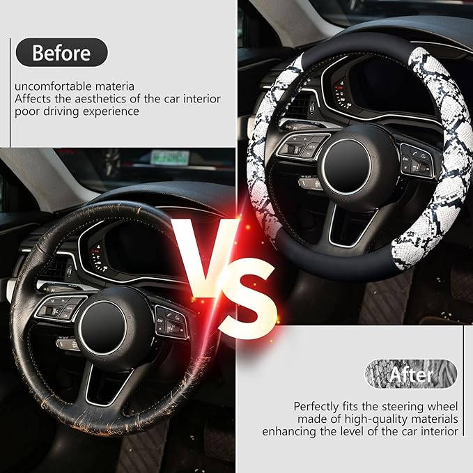 ZHOL Snake Skin Steering Wheel Cover, Universal 14.5-15 inch Breathable Microfiber Leather Anti-Slip Car Steering Wheel Protector for Women Men, Black&White