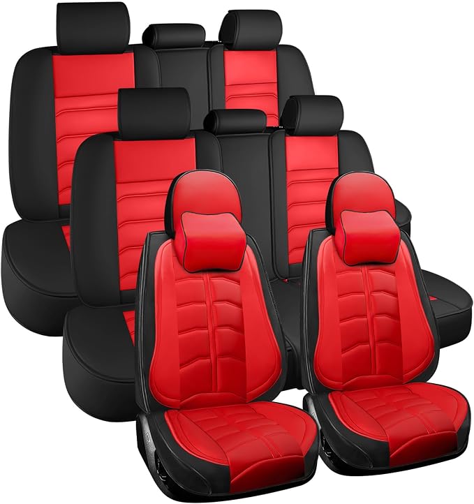 Car Seat Cover 8 Seats for Toyota Highlander 2001-2026, Durable Wear Resistant Waterproof Seat Covers, Breathable No Odor Premium Leather Vehicle Interior Accessories.(8 Luxury,Red)