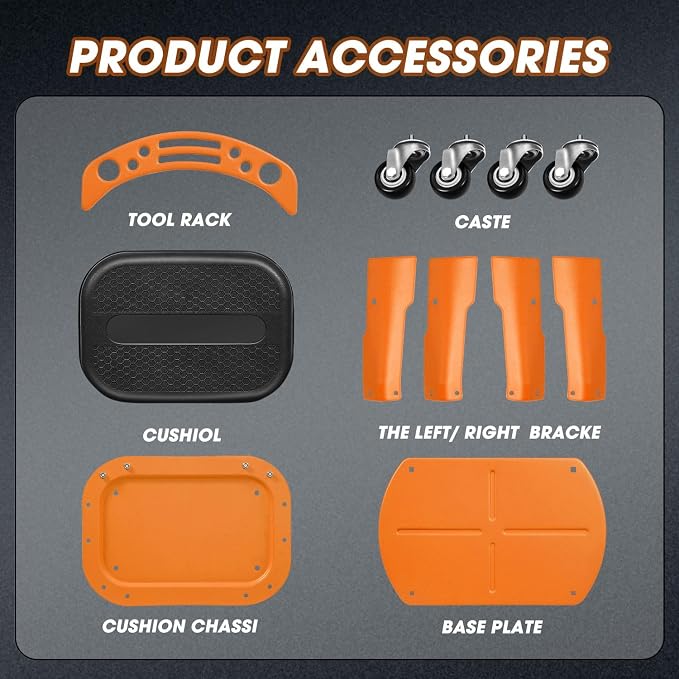 DNA Motoring Removable Rolling Garage Stool with Seat Cushion & Tool Tray Plate, 300lbs Max Weight Capacity, Orange, TOOLS-00479-OG