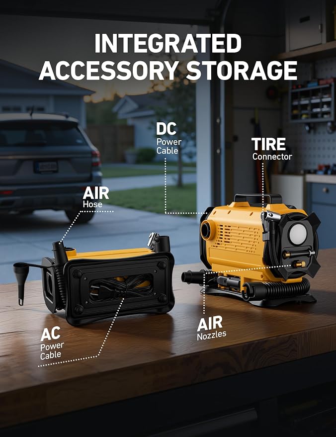 AstroAI Tire Inflator Portable Air Compressor, 150PSI 12V DC/110V AC Air Pump with Dual Metal Motors & LED Light, Two Modes for Car Tires, Bikes, Air Mattresses & Home Use, Compact Design, Yellow