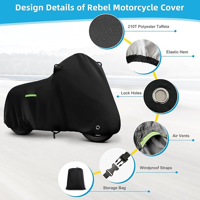 Motorcycle Cover Waterproof for Honda Rebel 300 500 1100, Heavy Duty Outdoor Sun Rain Snow UV Dust All Weather Protection Motorbike Cover with Soft Cotton Lining & Lock Hole