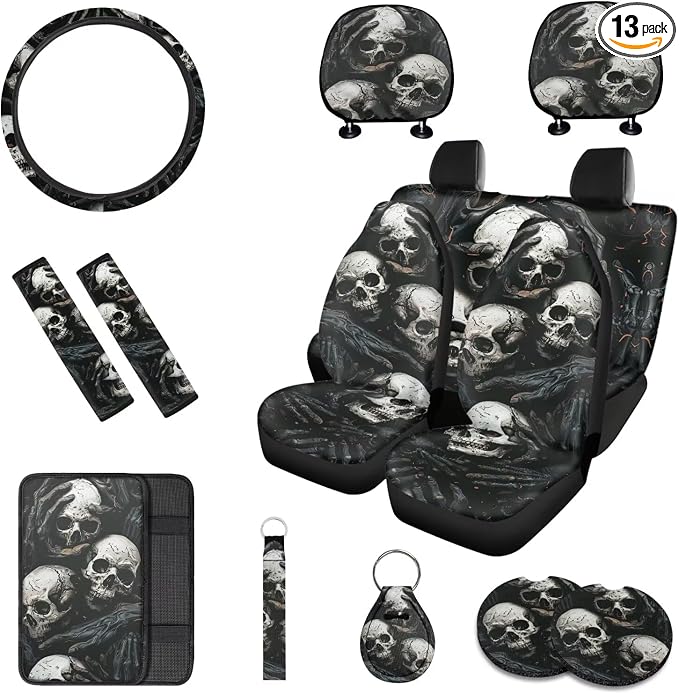 Horror Skeleton Pattern Auto Seat Cover Set of 13, Car Front & Back Seat Cover with Steering Wheel Cover, Seat Belt Covers Cup Holder Keychain, Fit for Most Cars SUV