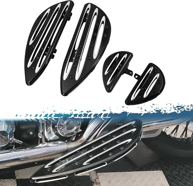 Motorcycle Floorboards Set Driver Front Footboards and Rear Passenger Foot Pegs Kit Hollow Striped Style Compatible with Harley Touring Road King Road Glide Electra Glide Street Glide (Black)