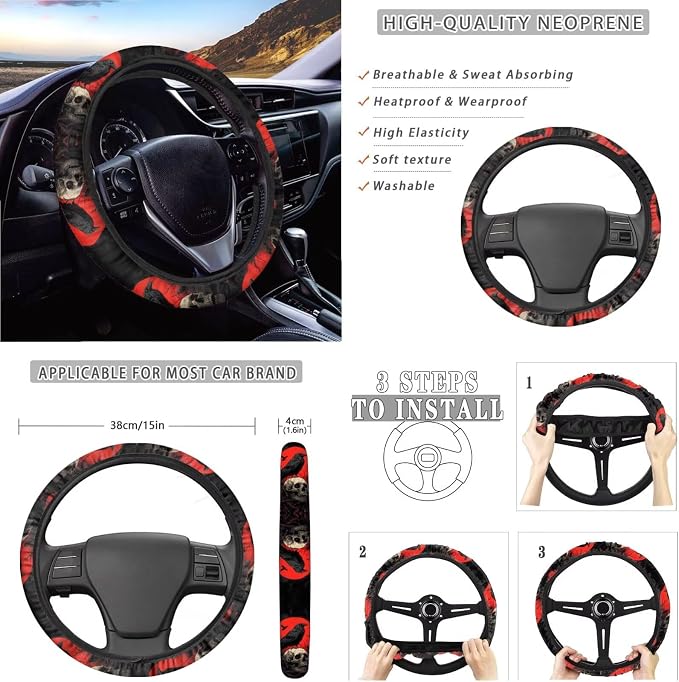 Crow Skull Print Full Set Car Seat Covers with Steering Wheel Cover Armrest Cushion Safety Belt Pads Car Rearview Mirror Cover Gear Shift Knob and Handbrake Covers Trash Bag