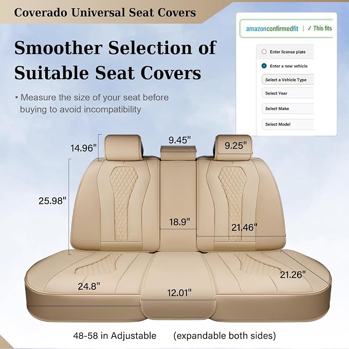 Coverado Automotive Seat Covers,Back Car Seat Cover,Rear Seat Cover,3-Pieces Luxury Car Seat Cushion,Beige Seat Cover Seat Protector Universal