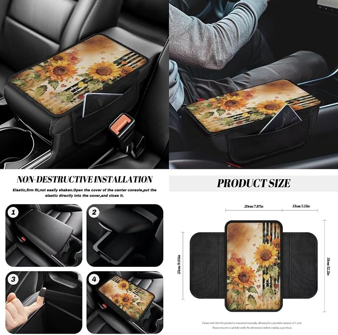 Sunflower Print Full Set Car Seat Covers with Accessories Includes Steering Wheel Cover Center Console Pad Safety Belt Pads Inside Rearview Mirror Cover Garbage Bag Coasters