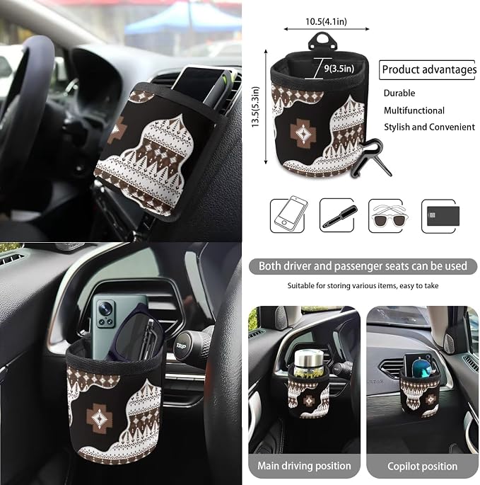 Wanyint Aztec Brown Black Car Front Back Seat Covers Full Set with Car Steering Wheel Cover Safe Belt Pads Cup Coasters Garbage Cans Rear View Mirror Cover Keychain Air Vent Storage Holder, Set of 15