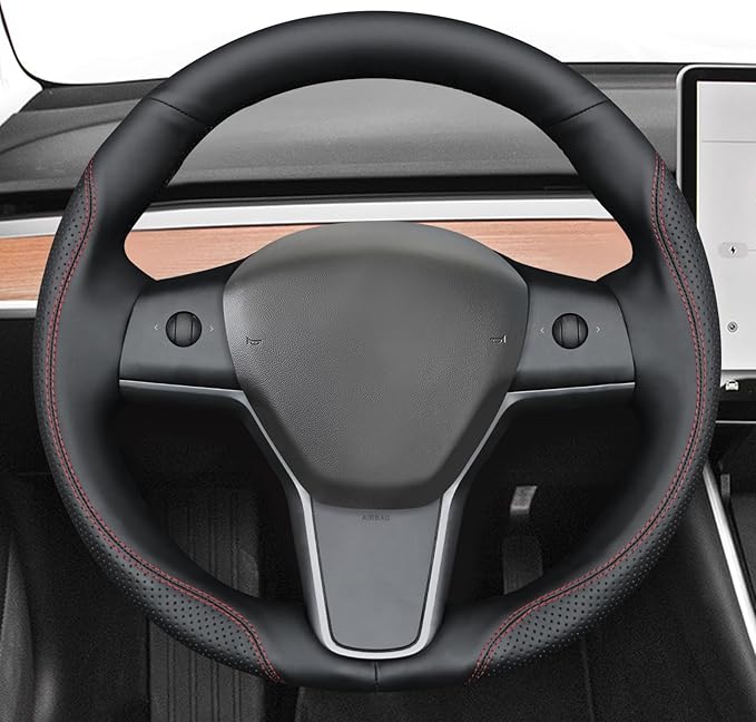 MEWANT Hand Stitch Black Faux Leather Steering Whee Cover for Tesla Model 3 Model Y 2020-2023 DIY Steering Wheel Wrap