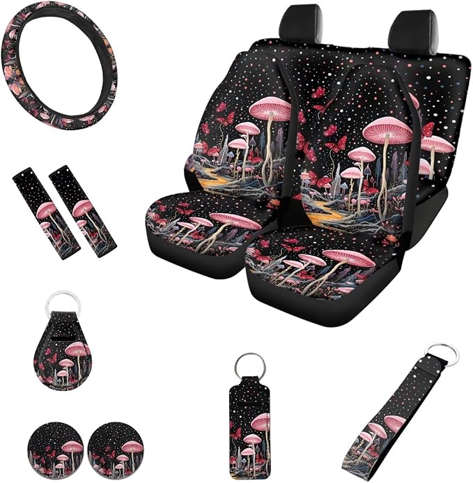 Mushroom Car Accessory Pink Mushroom Car Seat Covers Full Set,Cottagecore Butterfly Mushrooms Auto Steering Wheel Cover Keychain Safety Seat Belt Pad Universal Fit,All Weather Protection 12Pcs