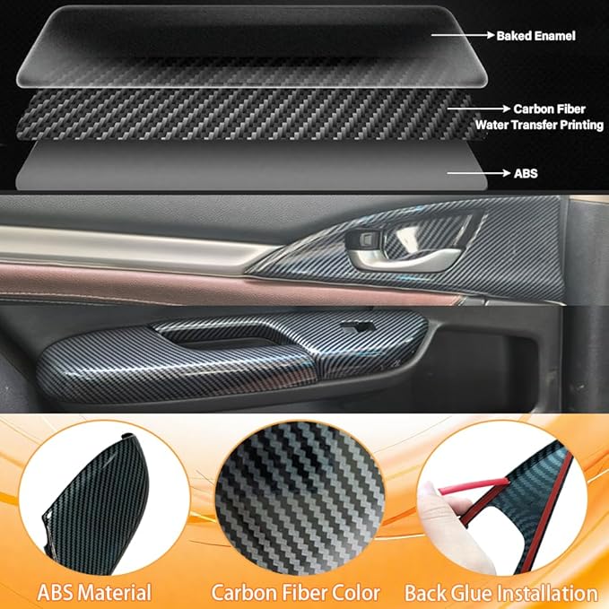 Inner Door Side Armrest Trim Window Lift Control Switch Panel Cover Inner Door Handle Armrest Cover Compatible with Honda Civic 10th Gen 2016-2021 ABS Carbon Fiber Style (12 Pcs)