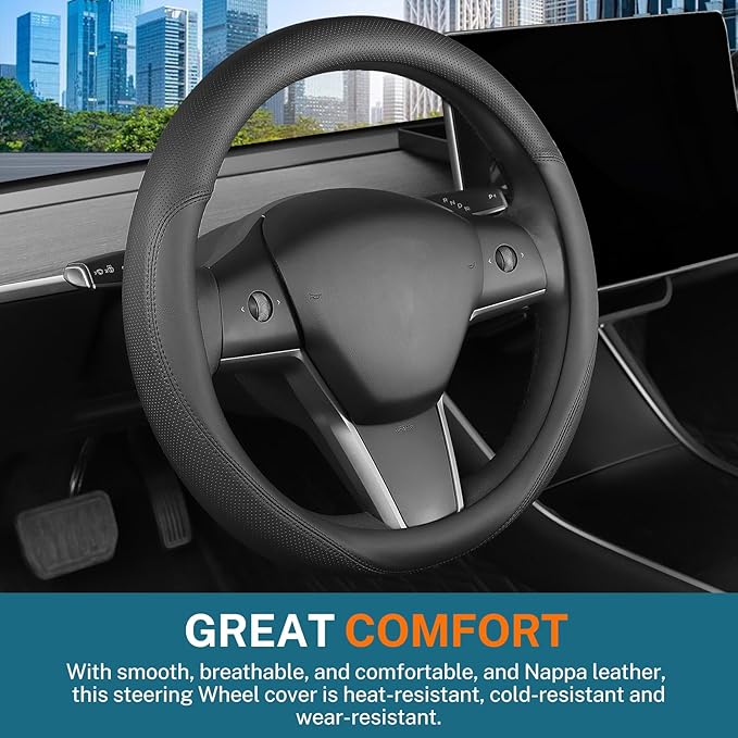 Leather Steering Wheel Cover Custom-Fit for Tesla Model 3/Y 2016-2026, Comfort Grip Design Breathable and Non-Slip, Model 3/Y Car Steering Wheel Protector, Tesla Accessories,Black(A-Style, for Tesla)