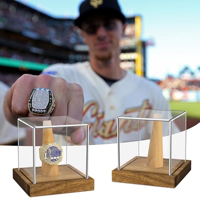 Clear Acrylic Championship Ring Display Case with Wood Stand Base, Memorabilia Stand Cube Holder Dust Protection Transparent Storage Box for Sports Baseball Basketball Fan Souvenir Protection Supplies