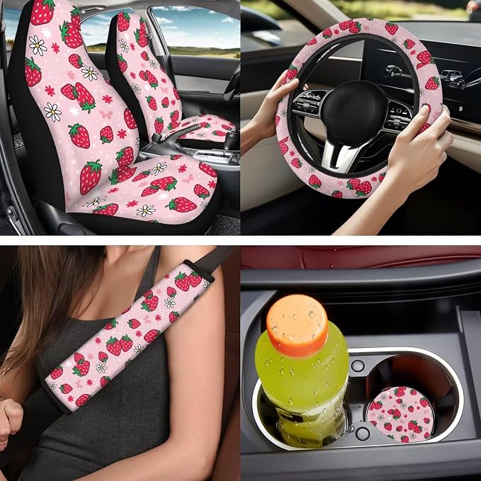 Bulopur Strawberry Pink Car Seat Covers Full Set with Matching Steering Wheel Cover American Flag Car Interior Decor Set for Truck Van Sedan Car Armrest Cover Seat Belt Covers Coasters