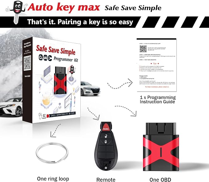 Programmable Keyfob, Replacement Car Keys Fob and DIY Programmer Kit for 2013-2017 Dodge RAM 1500 2500 3500 Remote GQ4-53T