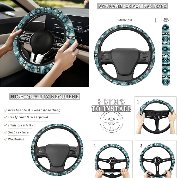 Southwestern Aztec Blue Car Seat Covers Set of 15 with Universal Steering Wheel Cover, Rearview Mirror Cover, Car Trash Can, Seatbelt Pads, Cup Holder Coasters, Keychains