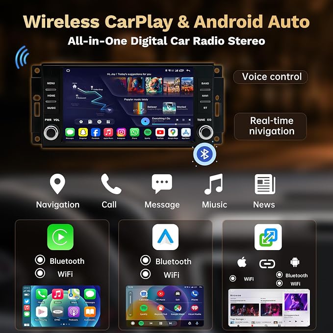 [4G+64G] Car Radio for Jeep JK Wrangler 2007-2017: 7" HD Touch Screen Stereo with Wireless CarPlay Android Auto 5G WiFi Bluetooth GPS FM 32EQ SWC, Free Backup Camera