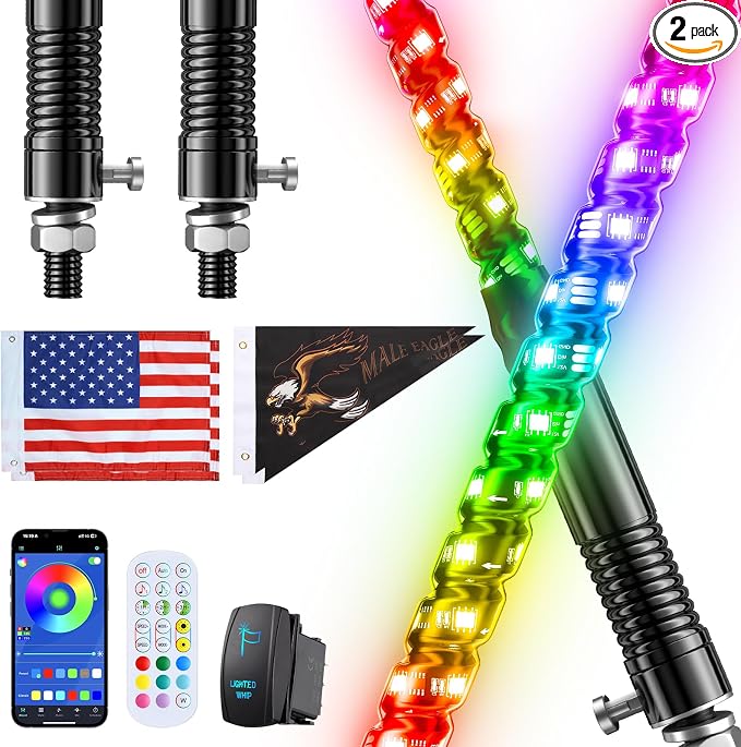 Ehaho 2 PCS 6FT Whip Lights with Spring Base, APP & Remote Control Led Whip Lights for Side by Side, Spiral RGB Chasing Lighted Whips with Rocker Switch, Music Led Whips for UTV ATV RZR SXS Can-Am
