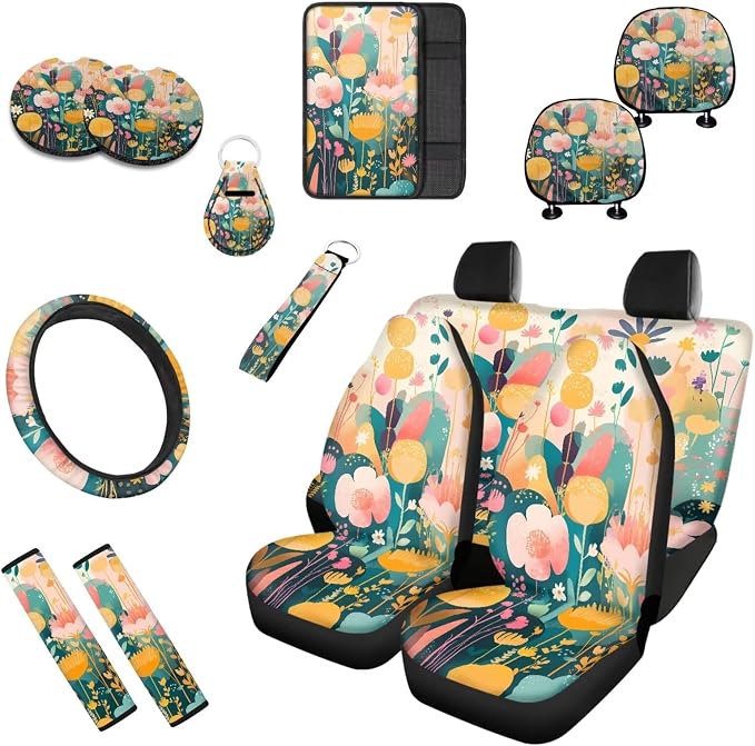 Watercolor Floral Print 13 Pack Car Seat Covers Full Set Colorful Cute Flower Painting Car Interior Accessories Fit Auto SUV Trucks Seat Belt Shoulder