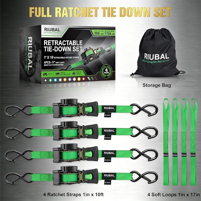 Retractable Ratchet Straps (4-Pack) - 1 Inch x 10 Feet (1,764lb Break Strength) - Auto Self Retracting Tie Down Straps Heavy Duty for Motorcycle, ATV, UTV, Truck, Cargo Trailer – Green