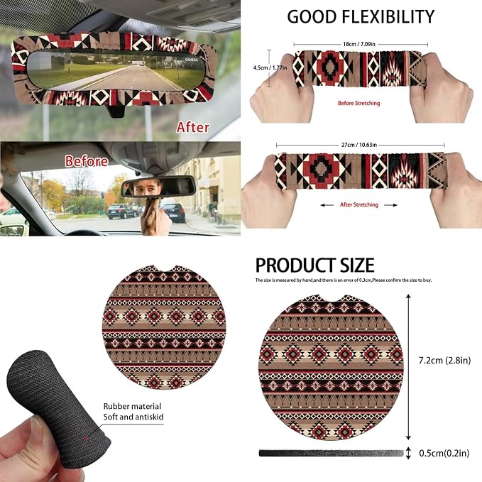 Brown Geometric Aztec Print Car Seat Covers Full Set Front Back Split Bench Protector Car Steering Wheel Cover Seatbelts Pads Coaster Keychains Universal Fit Truck, SUV, or Van Forest Hunting