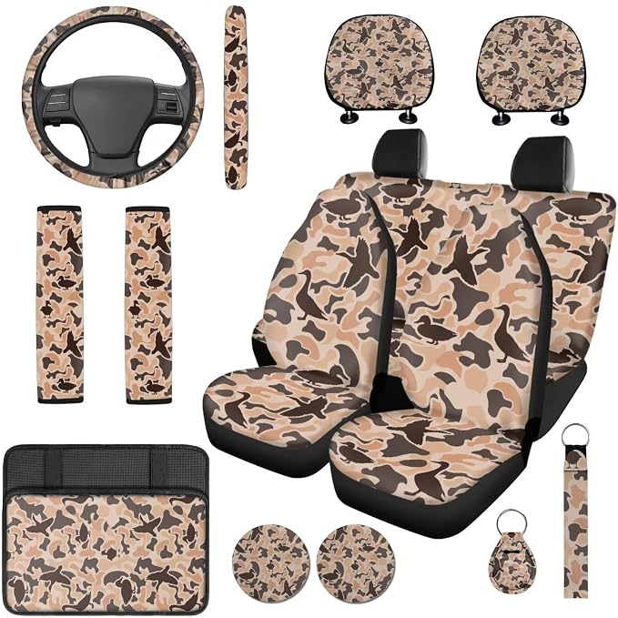 Bulopur Duck Hunting Camo Auto Seat Covers Set with Matching 15 Inch Steering Wheel Cover Stretchy Armrest Cover Soft Seat Headrest Cover 14 Pieces Car Interior Accessories Set
