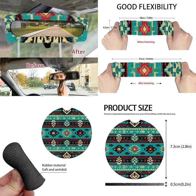 Green Aztec Tribal Car Seat Covers Set of 15 with Universal Steering Wheel Cover, Rearview Mirror Cover, Car Trash Can, Seatbelt Pads, Cup Holder Coasters, Keychains