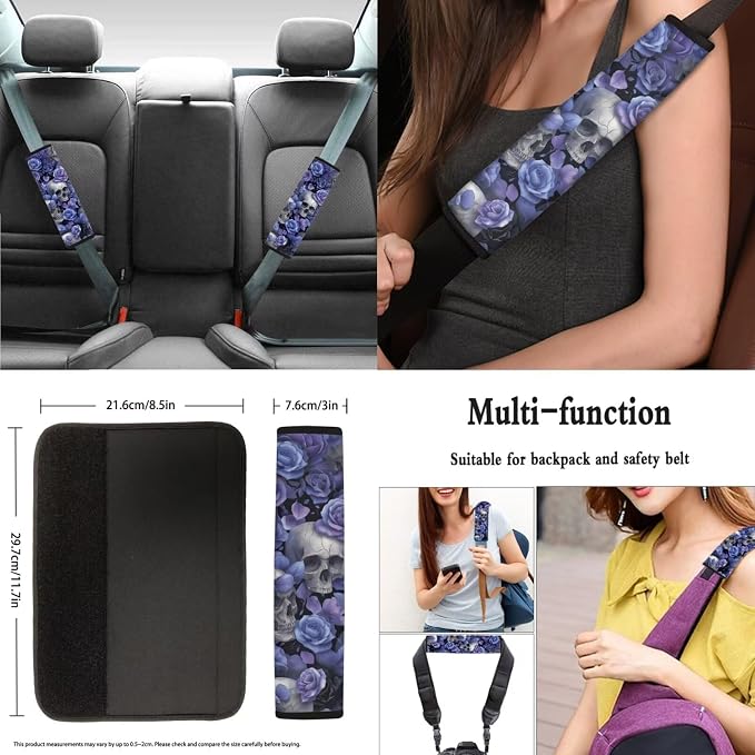 Purple Rose Skull Car Seat Covers Full Set 8 Pcs Car Accessories for Women Front Seat Cover Steering Wheel Armrest Cover Seat Belt Cover for Auto SUV Interior Decoration