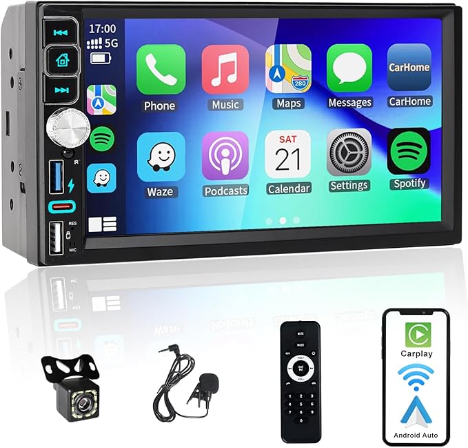 Double Din Car Stereo Bluetooth Compatible with [Wireless] Apple CarPlay/Android Auto 7“ Touchscreen AM/FM Radio Type-C USB (2.1A Fast Charge) Backup Camera