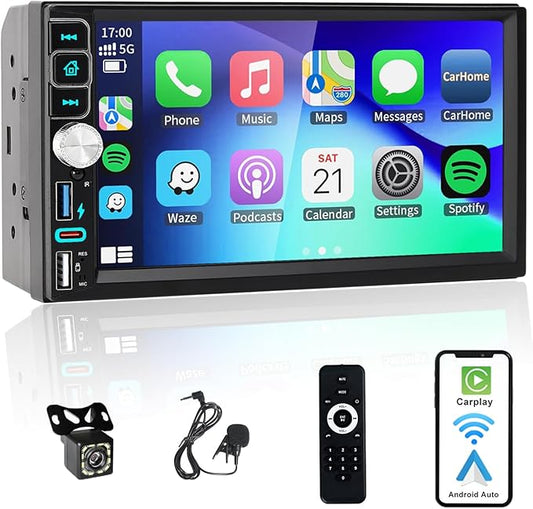 Double Din Car Stereo Bluetooth Compatible with [Wireless] Apple CarPlay/Android Auto 7“ Touchscreen AM/FM Radio Type-C USB (2.1A Fast Charge) Backup Camera