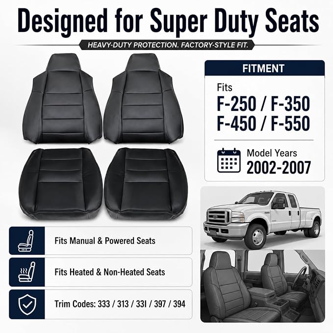 NLQR Black Driver & Passenger Side Bottom & Top Lean Back Replacement Microfiber Leather Seat Covers fit for Ford F250 F350 F450 F550 Lariat 2002 2003 2004 2005 2006 2007 Excursion 2002 2003 2004 2005