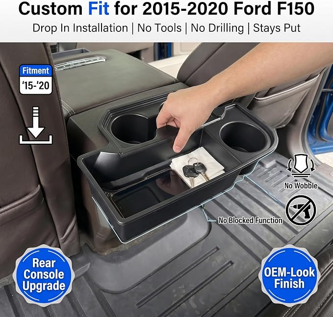 Rear Console Cup Holder Fits for 2015-2020 Ford F150 Bucket Seats Behind Armrest Tray Console Organizer Rear Cup Insert Compatible with F150 Interior Accessories Back Center Console Storage