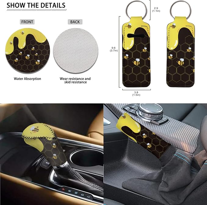 Cute Bee Honey Cartoon Car Seat Covers for Front Rear Full Set + Auto Steering Wheel Cover + Seat Belt Pads + 2Pcs Coasters + Keychains + Gear Shift Cover Universal fit SUV Truck Vans Sedans