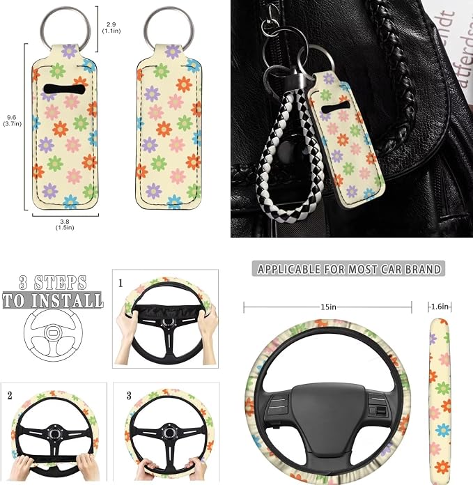 Aesthetic Car Accessories,Boho Flower Car Seat Covers Full Set for Women Lady Vehicle Interior Decor Set,Rainbow Groovy Flower Cute Steering Wheel Cover+Seatbelt+Hippie Vehicle Cup Mat+Keyring