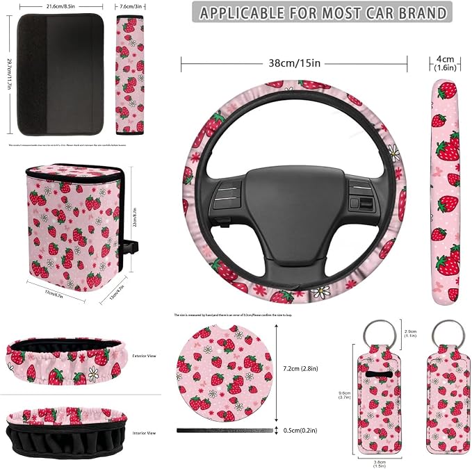 Strawberry Print 12 Pack Car Seat Covers Full Set Car Steering Wheel Cover Car Seat Belt Cover Keychain Holder Chapstick Holder Universal Fit for Vehicles,Cars,Suvs,Vans,Sedans
