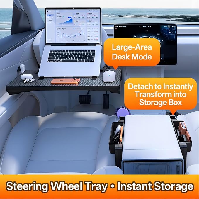 2-in-1 Car Steering Wheel Desk & Seat Gap Filler-Foldable Carbon Fiber Table for Laptop,Eating,Writing-Universal Fit Standard Round Steering Wheels