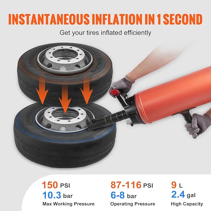 VEVOR Tire Seater, 2.4 Gal/9 L Air Tire Blaster, 150 PSI Handheld Portable Tire Inflator Tool, 87-116 PSI Operating Pressure for Tractor Truck ATV Car and Automobile Repair