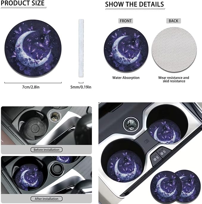 POLERO Moon Butterfly Car Accessories Car Seat Protector for Women Floral Steering Wheel Cover Seatbelt Covers Cup Holder Coasters Aesthetic Full Set 11pcs