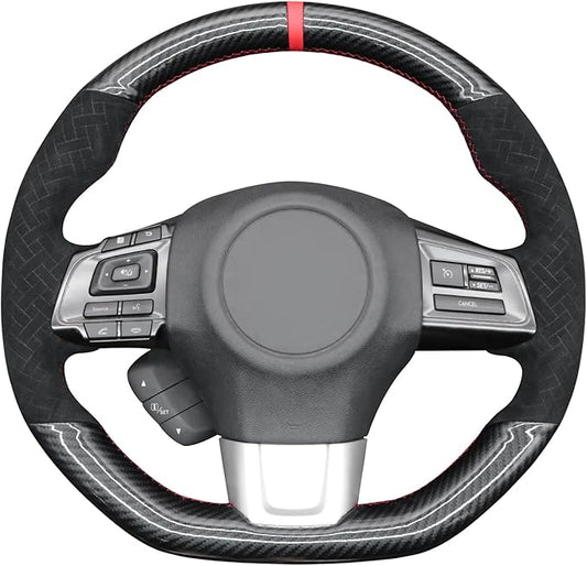 MEWANT Hand Stitch Black Shiny PU Carbon Fiber Woven Embossed Athsuede Steering Wheel Cover for Subaru WRX STI 2015-2021