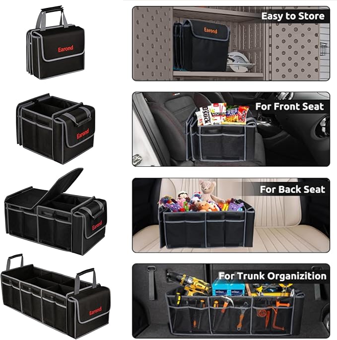 EAROND Collapsible Trunk Organizer with Insulated Leakproof Cooler Bag,Removable Lid,Adjustable Securing Straps,3 Compartments Trunk Organizer for SUV,Truck,Sedan(Grey & Black)