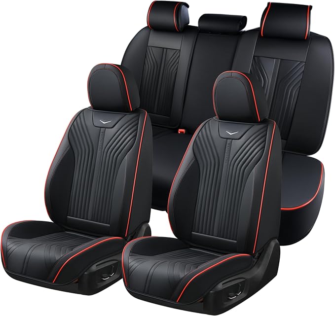 FLORICH Seat Cover for Car Front and Back Seats Leather Automotive Seat Covers Car Seat Covers SUV Custom Waterproof Car Seat Protector Cushion Universal Fit for Most Cars Trucks SUV, Black&Red Line